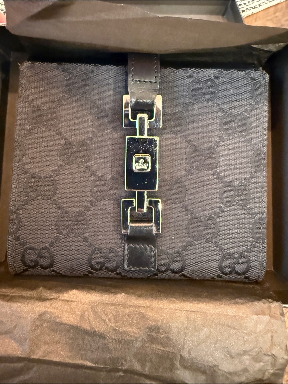 Gucci Black GG Canvas Wallet with Gold-Tone Hardware